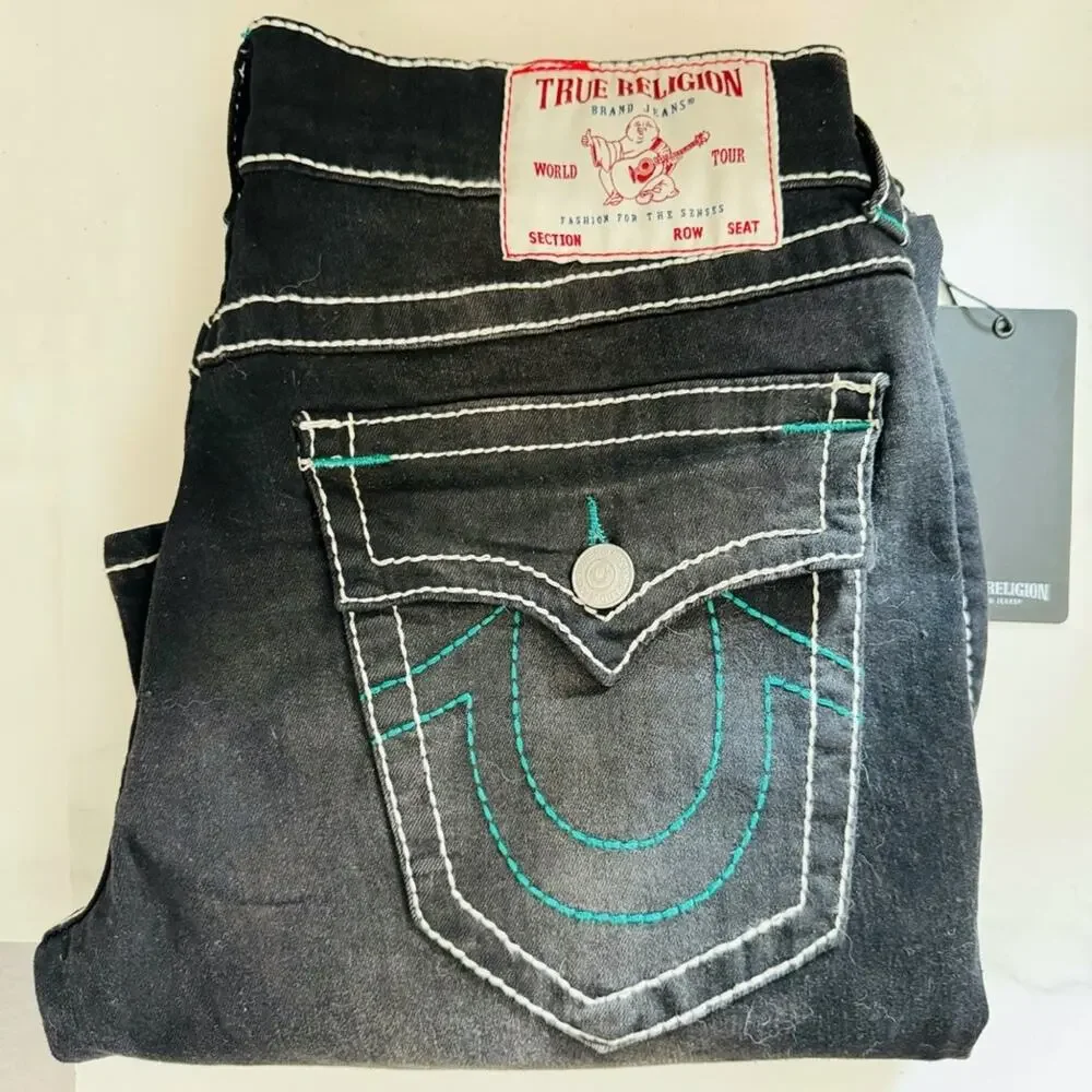NEW TRUE RELIGION MENS Black White Ricky Relaxed Straight Leg Denim Jeans 30